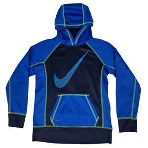 Nike Therma-FIT Kids L Hoodie Big Swoosh Blue Navy Neon Green Contrast Stitch